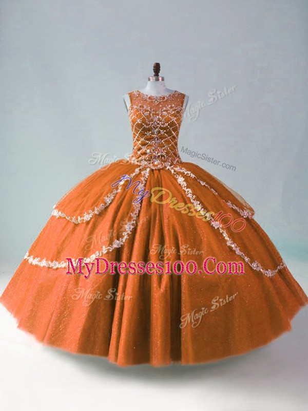 Romantic Rust Red Ball Gowns Scoop Sleeveless Tulle Floor Length Zipper Beading and Appliques Vestidos de Quinceanera