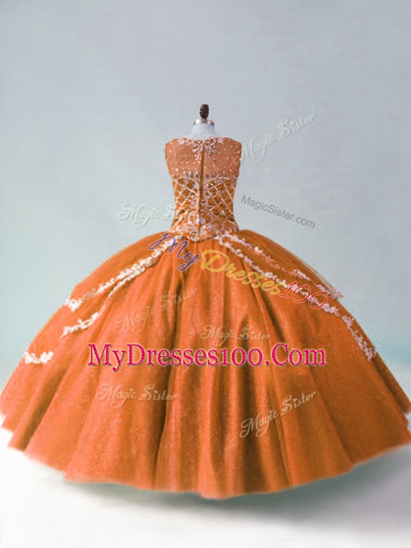 Romantic Rust Red Ball Gowns Scoop Sleeveless Tulle Floor Length Zipper Beading and Appliques Vestidos de Quinceanera