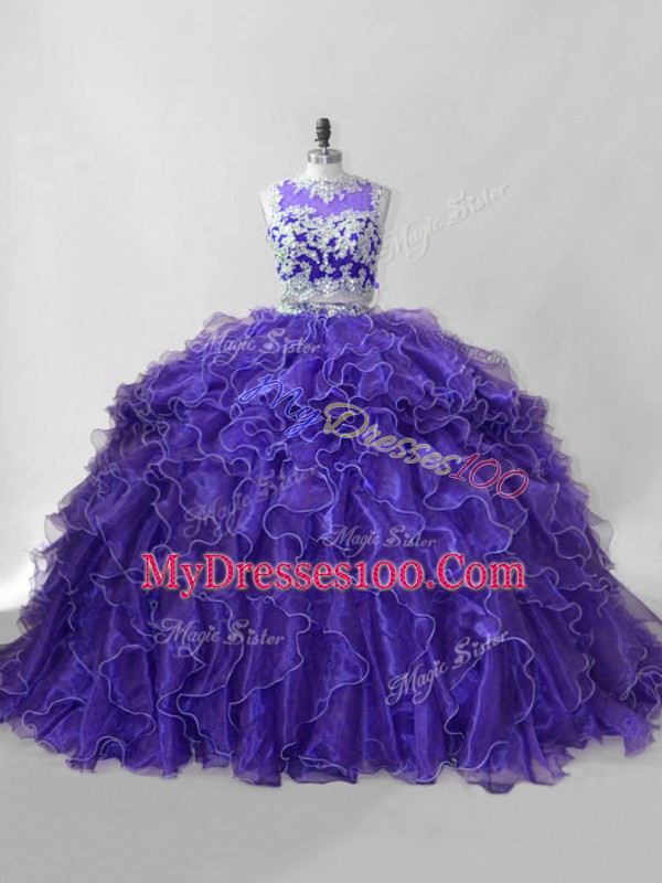 Scoop Sleeveless Organza Sweet 16 Dress Beading and Ruffles Brush Train Zipper