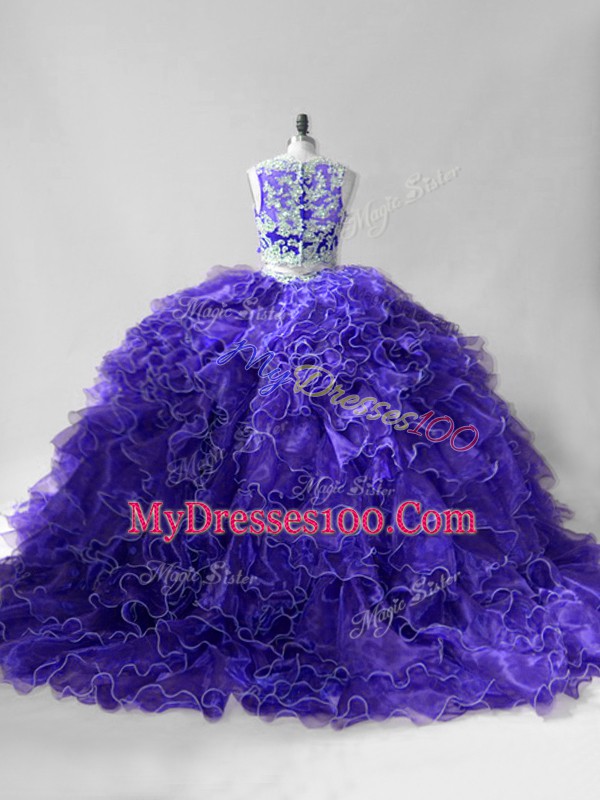 Scoop Sleeveless Organza Sweet 16 Dress Beading and Ruffles Brush Train Zipper