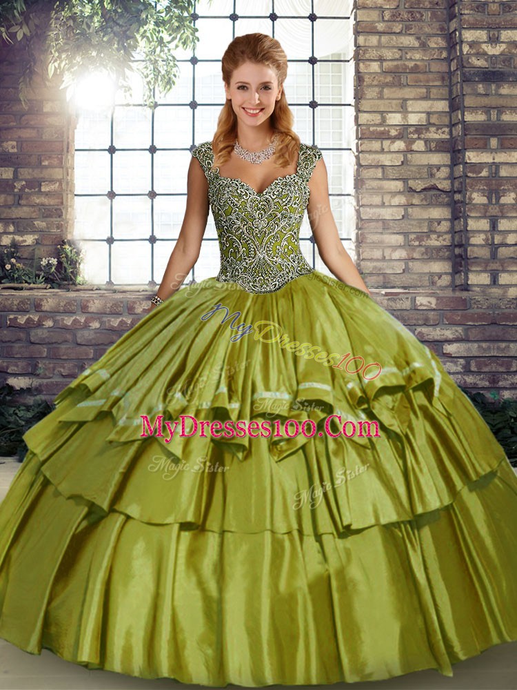 Extravagant Olive Green Straps Neckline Beading and Ruffled Layers Ball Gown Prom Dress Sleeveless Lace Up