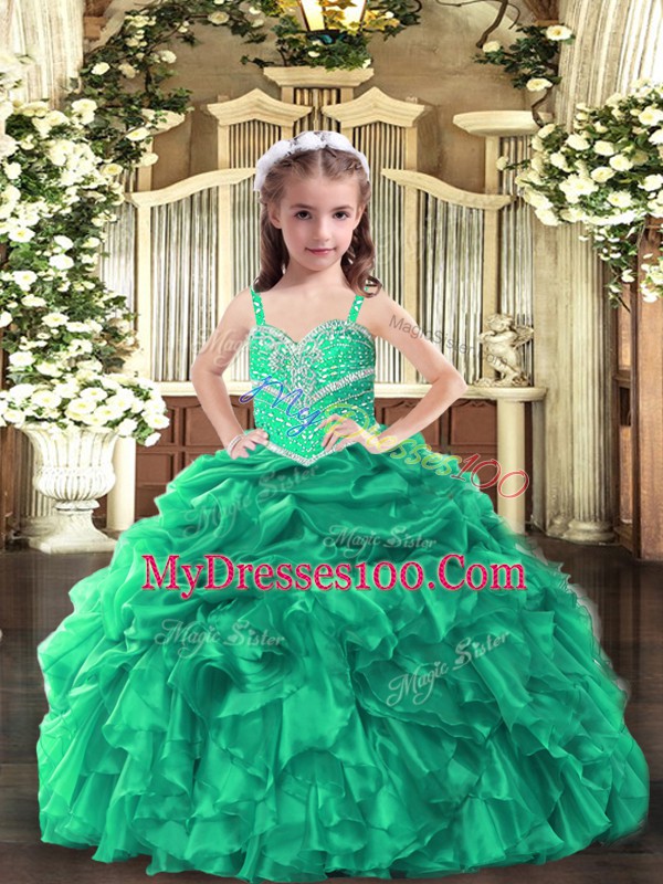 Glorious Beading and Ruffles Pageant Dress for Teens Green Lace Up Sleeveless Floor Length