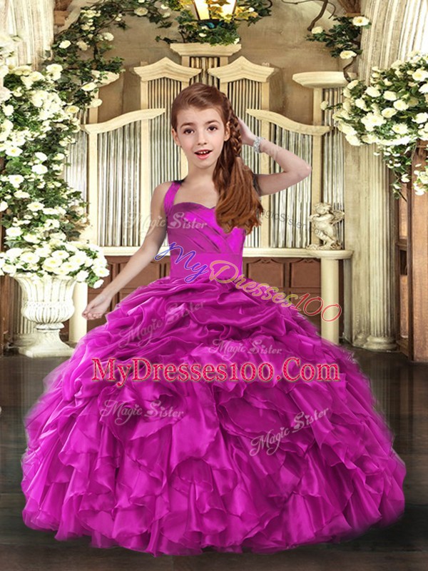 Dazzling Organza Straps Sleeveless Lace Up Ruffles Pageant Dress Wholesale in Fuchsia