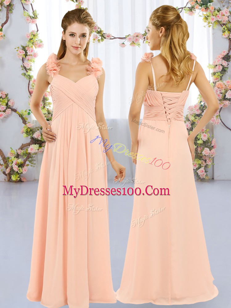 High End Straps Sleeveless Bridesmaid Gown Floor Length Hand Made Flower Peach Chiffon