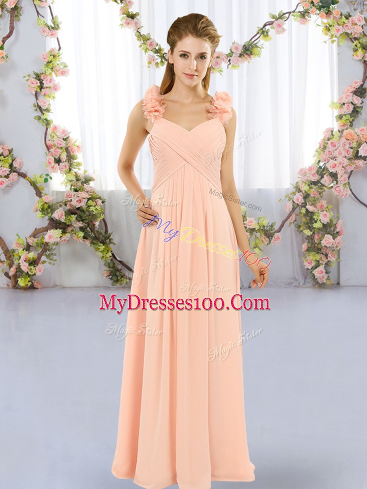 High End Straps Sleeveless Bridesmaid Gown Floor Length Hand Made Flower Peach Chiffon