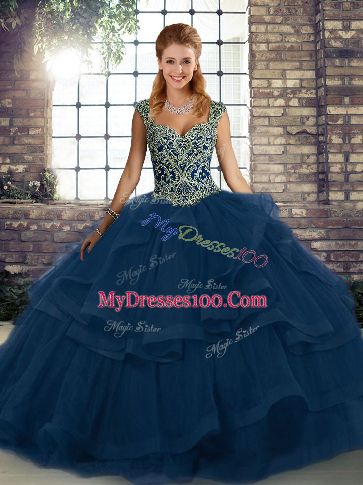 Blue Ball Gowns Straps Sleeveless Tulle Floor Length Lace Up Beading and Ruffles Sweet 16 Quinceanera Dress