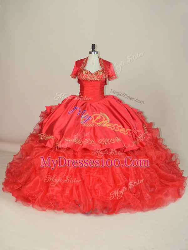 Red Lace Up Quinceanera Dresses Embroidery and Ruffles Sleeveless Brush Train