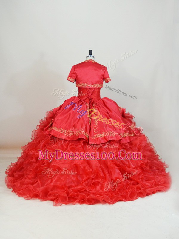 Red Lace Up Quinceanera Dresses Embroidery and Ruffles Sleeveless Brush Train