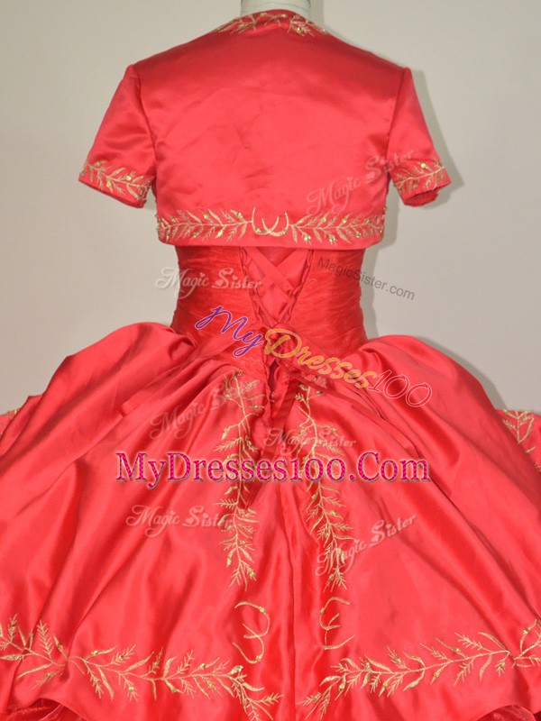 Red Lace Up Quinceanera Dresses Embroidery and Ruffles Sleeveless Brush Train