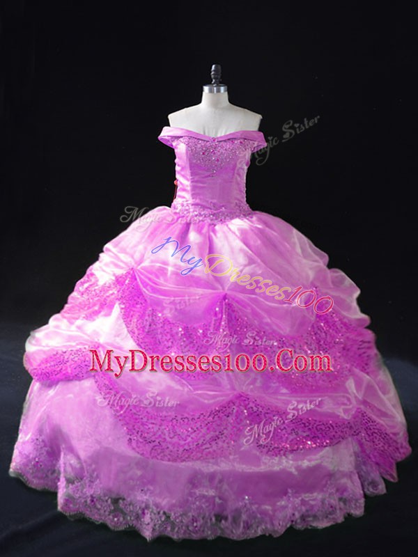 High Class Off The Shoulder Sleeveless Lace Up Quince Ball Gowns Lilac Organza