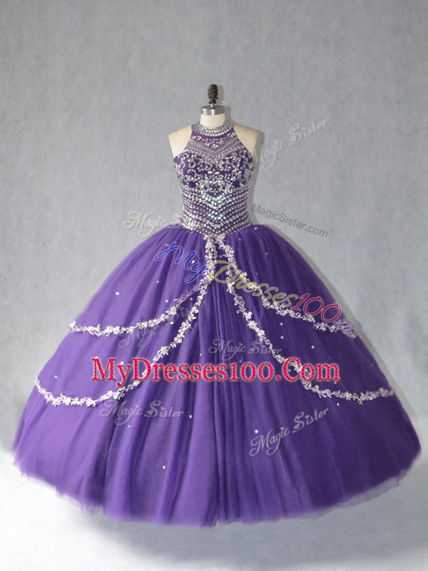 Beauteous Purple Lace Up Quinceanera Gown Beading Sleeveless Floor Length