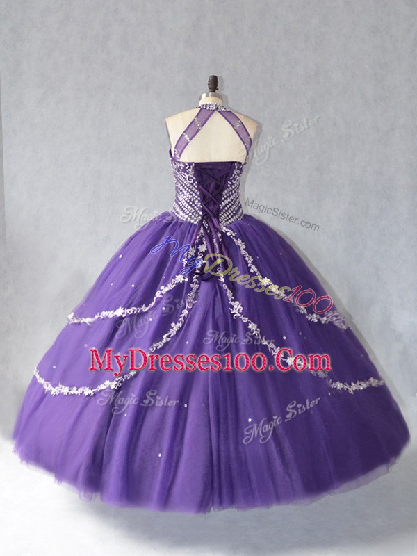 Beauteous Purple Lace Up Quinceanera Gown Beading Sleeveless Floor Length