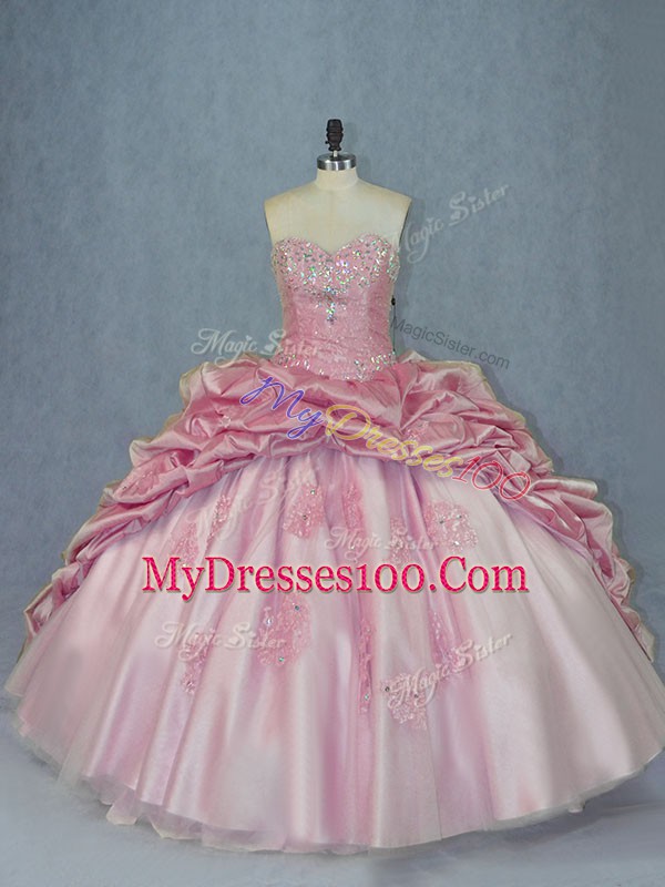 Fancy Pink Tulle Lace Up Sweetheart Sleeveless Quinceanera Gown Brush Train Beading and Appliques and Pick Ups