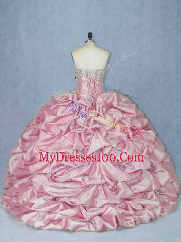 Fancy Pink Tulle Lace Up Sweetheart Sleeveless Quinceanera Gown Brush Train Beading and Appliques and Pick Ups