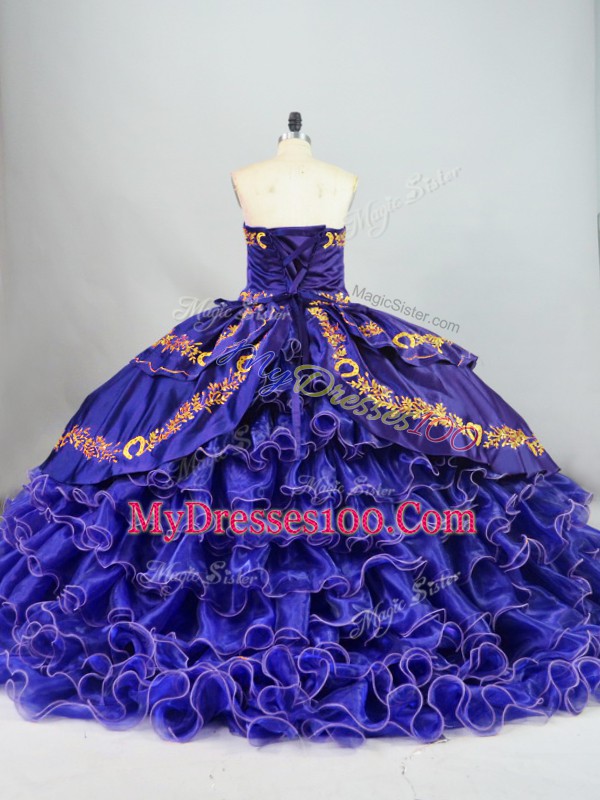 Wonderful Sleeveless Brush Train Lace Up Embroidery and Ruffled Layers Sweet 16 Dresses