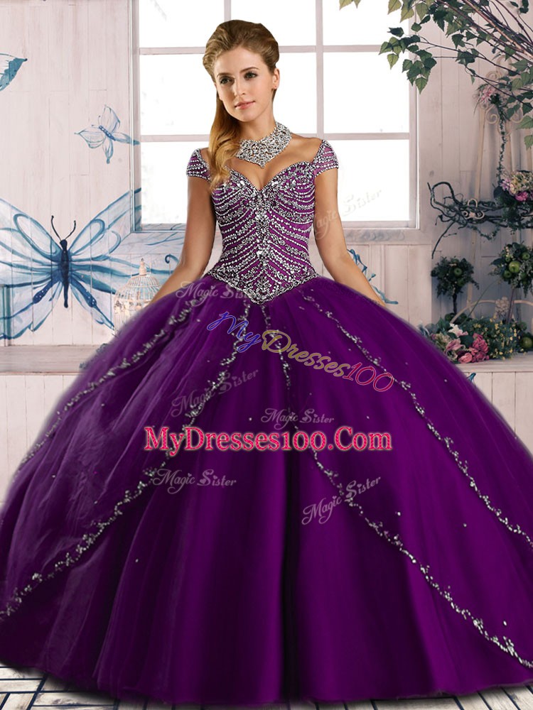Most Popular Ball Gowns Cap Sleeves Purple Quinceanera Dress Brush Train Lace Up