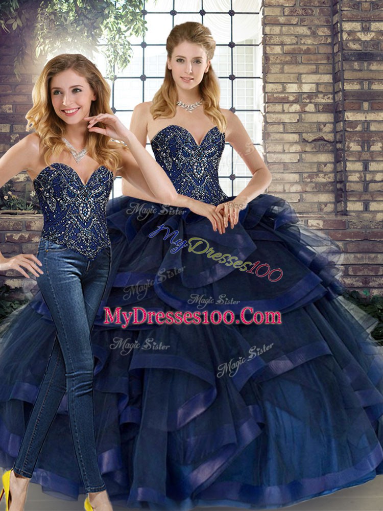 Best Selling Navy Blue Sweetheart Neckline Beading and Ruffles Sweet 16 Quinceanera Dress Sleeveless Lace Up