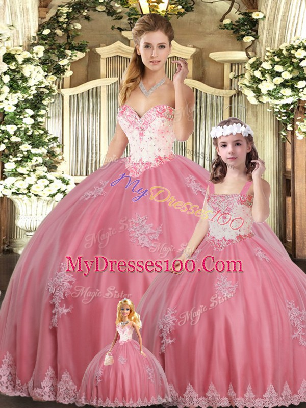 Elegant Watermelon Red Quinceanera Gown Sweet 16 and Quinceanera with Beading and Appliques Sweetheart Sleeveless Lace Up