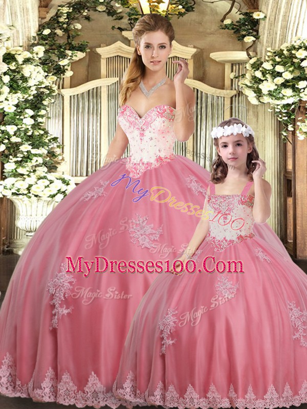 Elegant Watermelon Red Quinceanera Gown Sweet 16 and Quinceanera with Beading and Appliques Sweetheart Sleeveless Lace Up