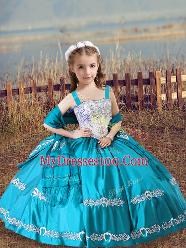 Teal Pageant Dress Toddler Wedding Party with Beading and Embroidery Straps Sleeveless Lace Up
