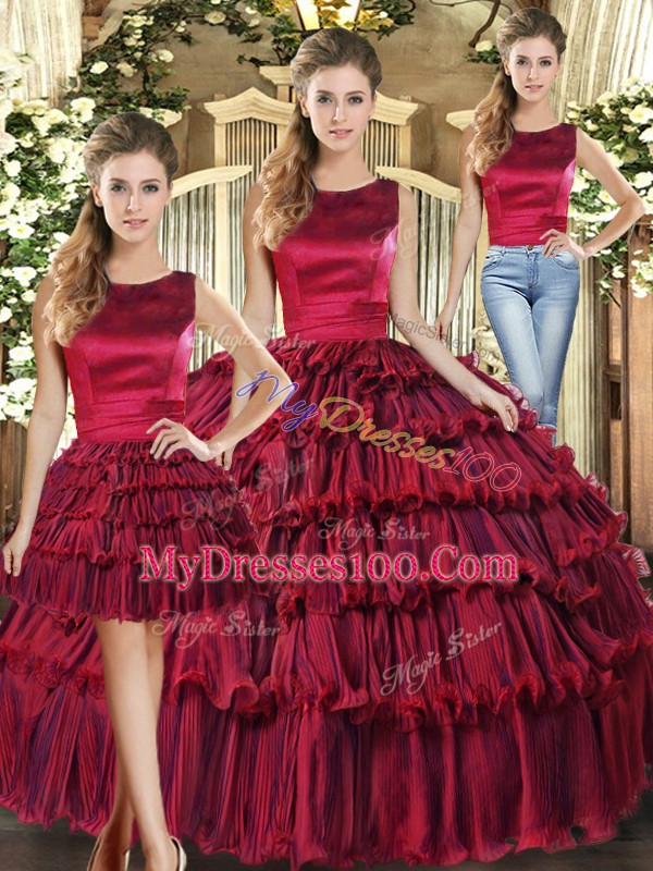 Luxury Wine Red Lace Up Scoop Ruffled Layers Quinceanera Dresses Organza Sleeveless