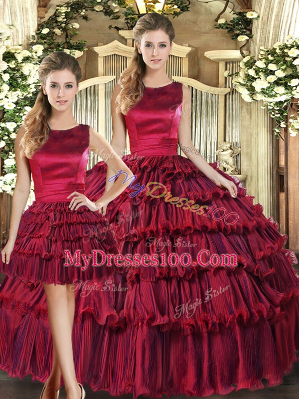 Luxury Wine Red Lace Up Scoop Ruffled Layers Quinceanera Dresses Organza Sleeveless