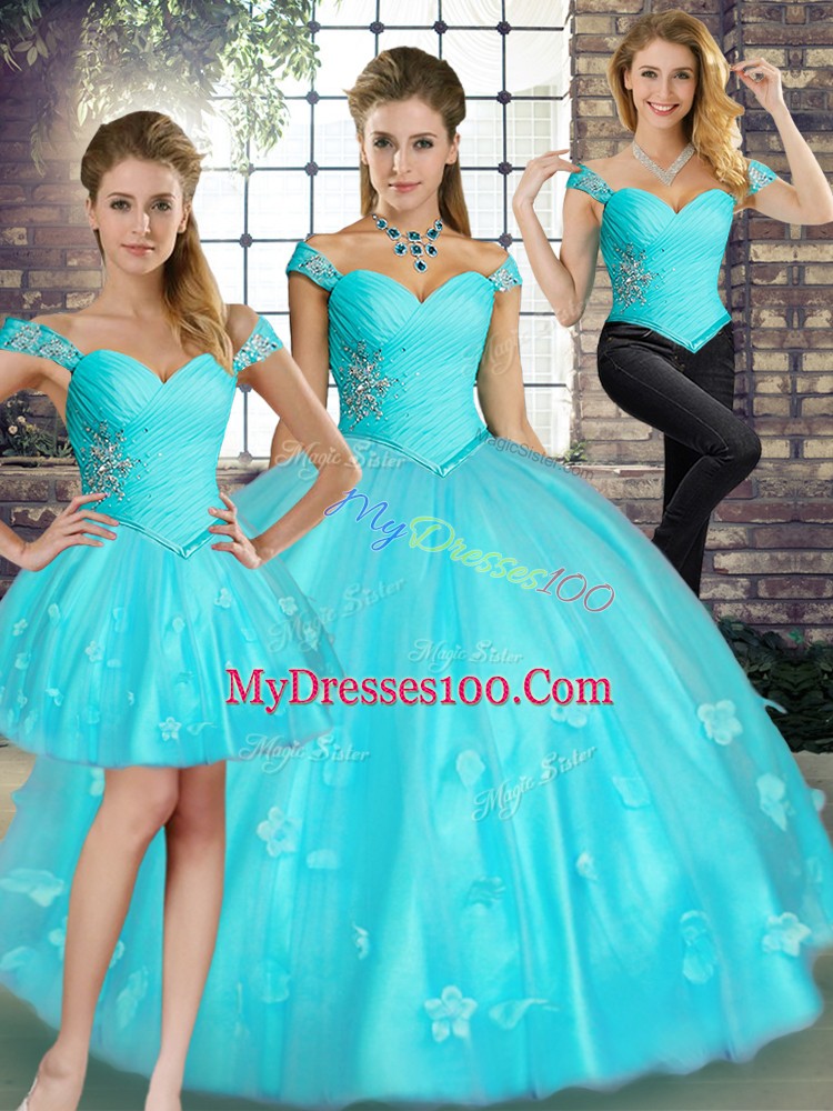 Modern Aqua Blue Off The Shoulder Neckline Beading and Appliques Sweet 16 Dresses Sleeveless Lace Up