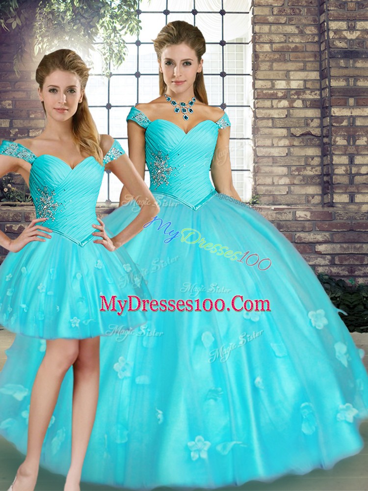 Modern Aqua Blue Off The Shoulder Neckline Beading and Appliques Sweet 16 Dresses Sleeveless Lace Up