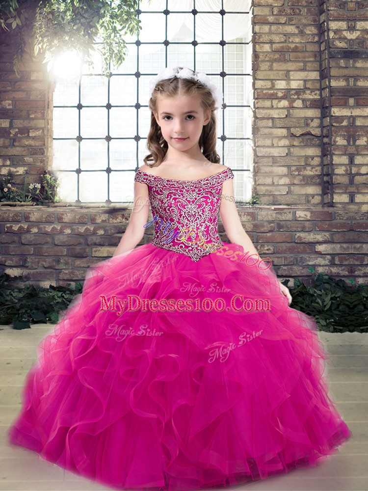 Trendy Ball Gowns Little Girls Pageant Dress Fuchsia Off The Shoulder Tulle Sleeveless Floor Length Lace Up