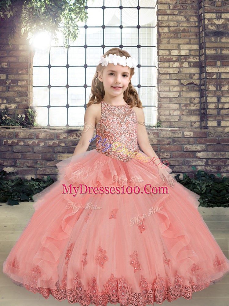 Floor Length Watermelon Red Little Girl Pageant Dress Scoop Sleeveless Lace Up