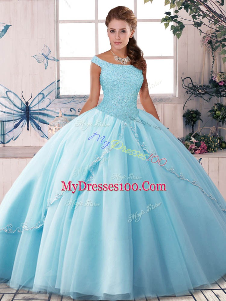 Wonderful Sleeveless Tulle Brush Train Lace Up Quinceanera Dress in Light Blue with Beading
