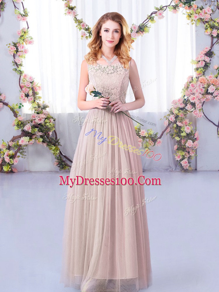 Glorious Pink Empire Lace and Belt Bridesmaid Dresses Side Zipper Tulle Half Sleeves Floor Length