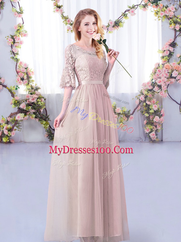 Glorious Pink Empire Lace and Belt Bridesmaid Dresses Side Zipper Tulle Half Sleeves Floor Length