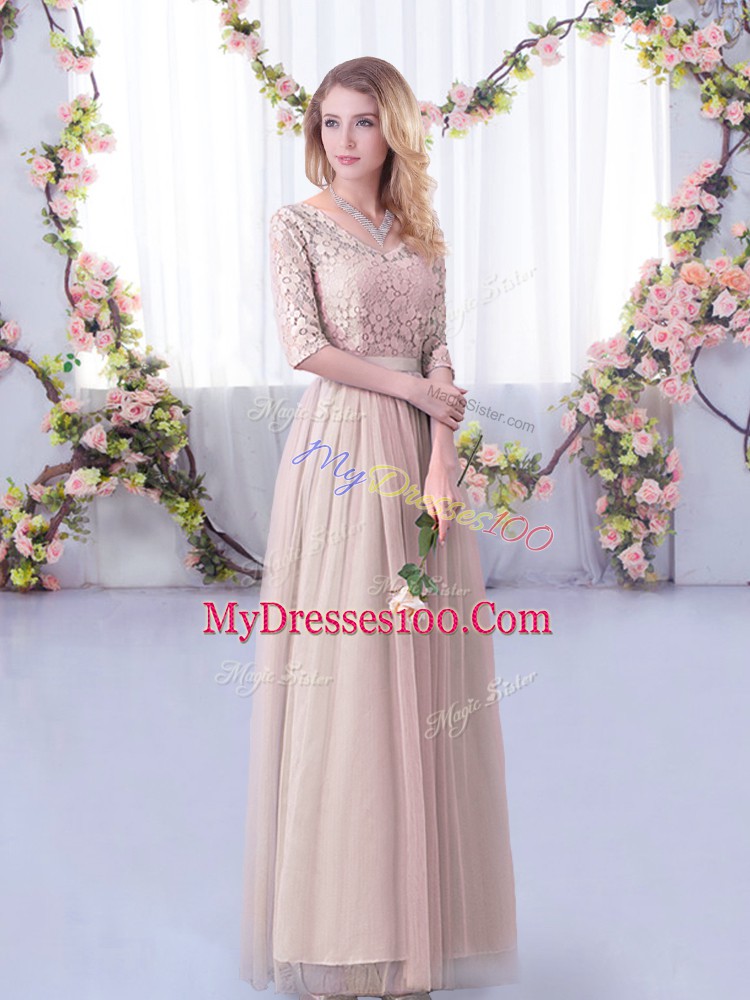 Glorious Pink Empire Lace and Belt Bridesmaid Dresses Side Zipper Tulle Half Sleeves Floor Length