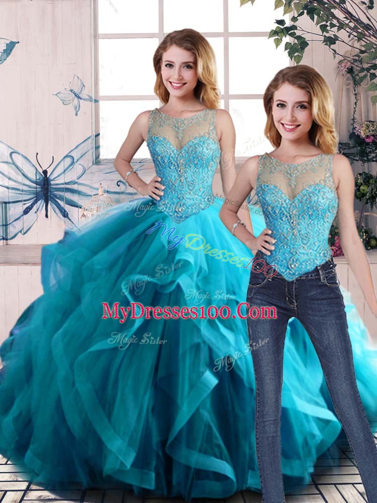 Graceful Aqua Blue Two Pieces Beading and Ruffles Sweet 16 Dress Lace Up Tulle Sleeveless Floor Length
