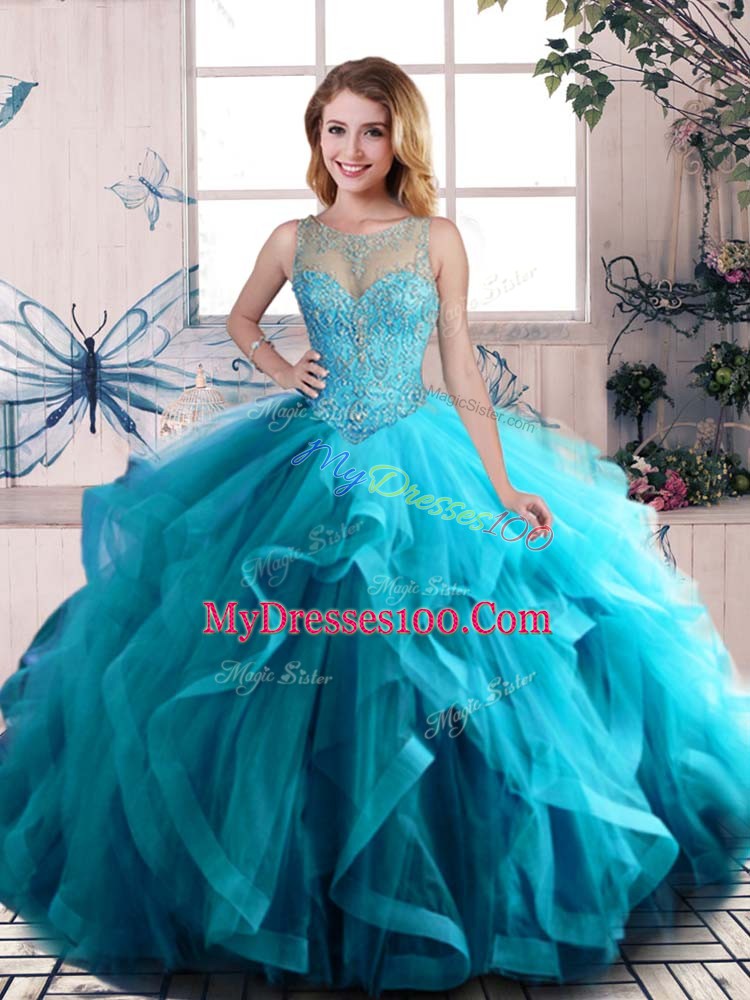 Graceful Aqua Blue Two Pieces Beading and Ruffles Sweet 16 Dress Lace Up Tulle Sleeveless Floor Length