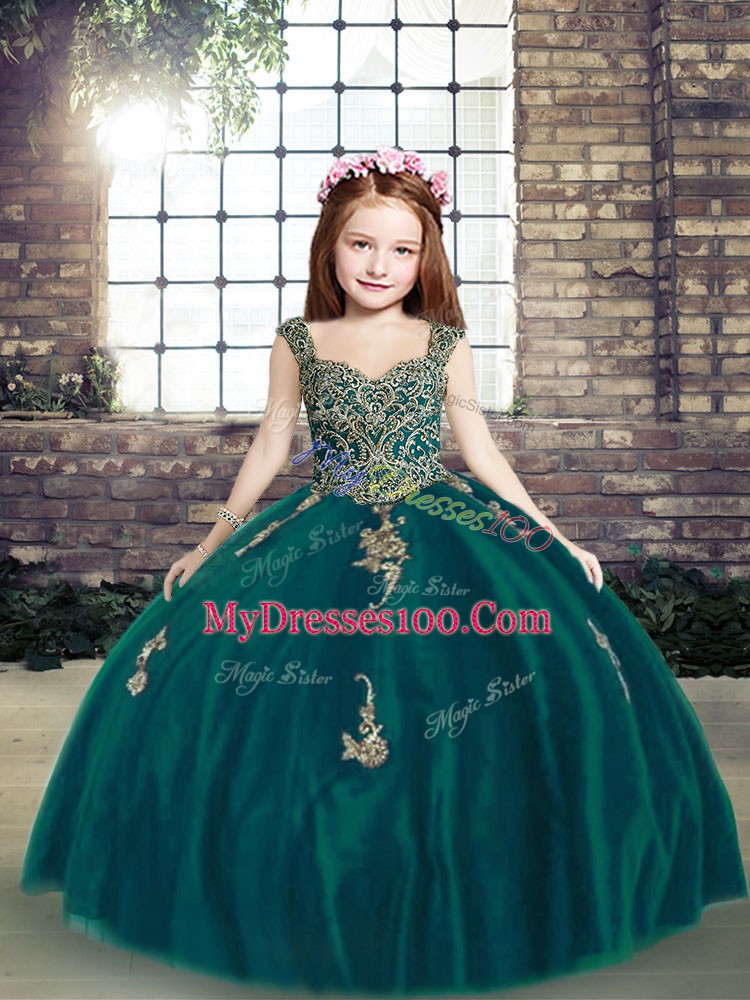 New Style Sleeveless Tulle Floor Length Lace Up Little Girl Pageant Gowns in Peacock Green with Appliques