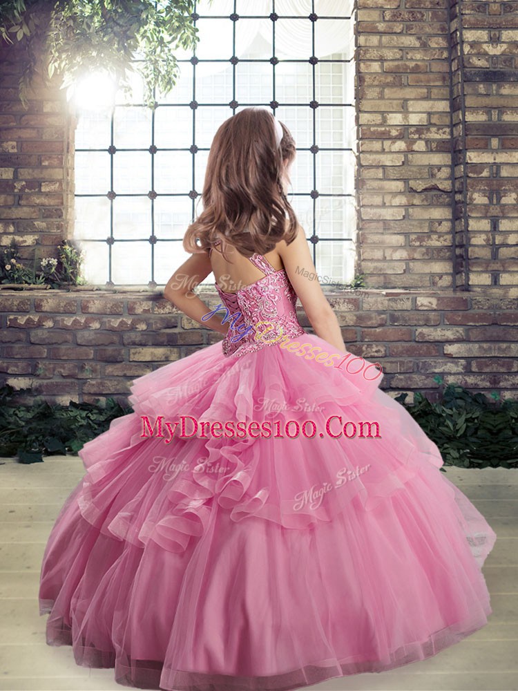 Elegant Floor Length Lace Up Little Girls Pageant Dress Wholesale Lilac for Party and Military Ball and Wedding Party with Beading and Appliques