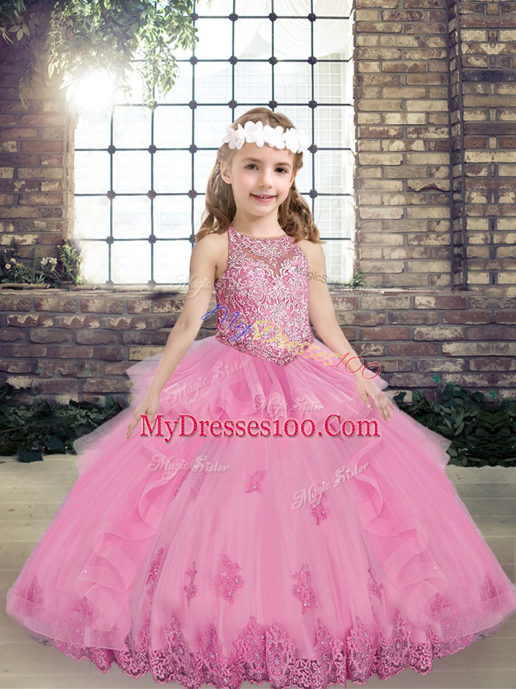 Elegant Floor Length Lace Up Little Girls Pageant Dress Wholesale Lilac for Party and Military Ball and Wedding Party with Beading and Appliques