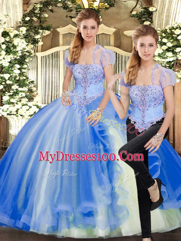 Tulle Strapless Sleeveless Lace Up Beading and Ruffles Quinceanera Dress in Blue