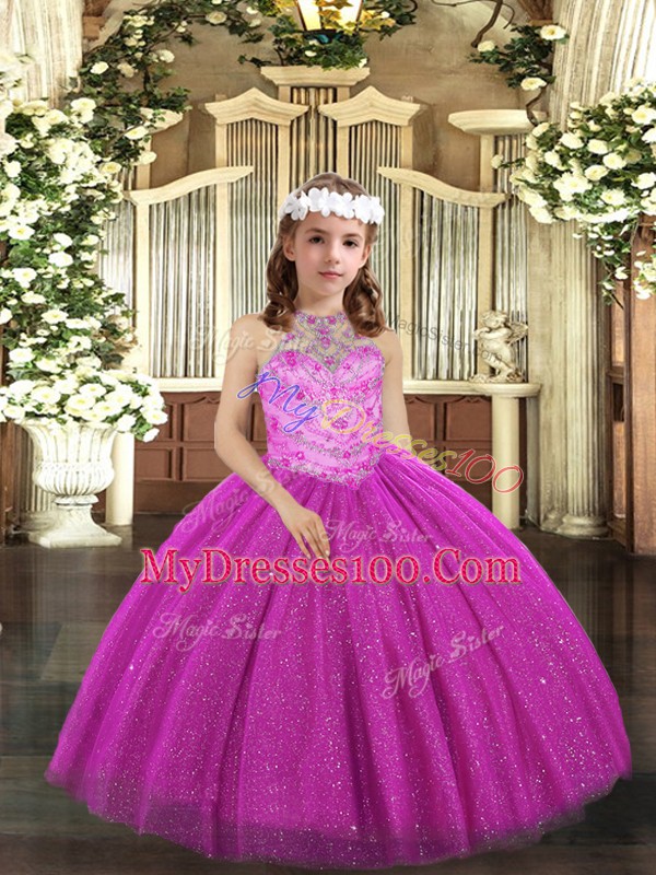 Sleeveless Lace Up Floor Length Beading Child Pageant Dress