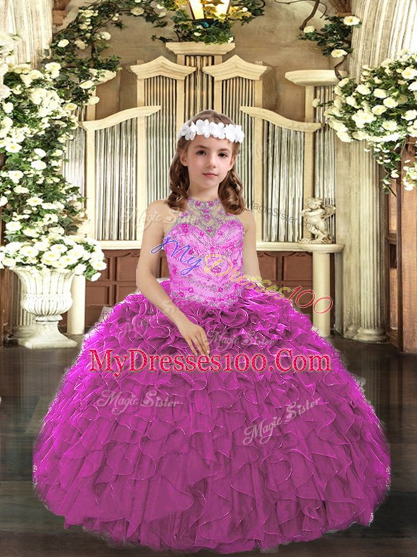 Tulle Halter Top Sleeveless Lace Up Beading and Ruffles Little Girls Pageant Dress in Fuchsia