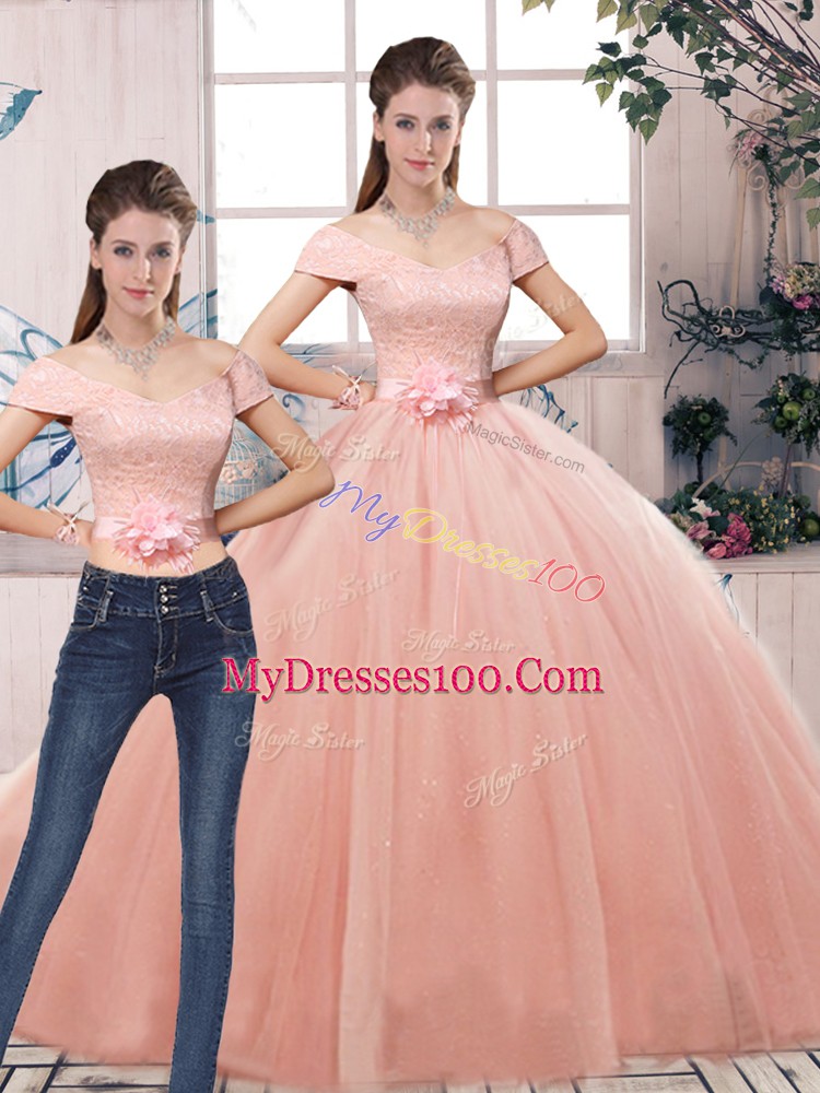 Luxury Short Sleeves Tulle Floor Length Lace Up 15th Birthday Dress in Pink with Lace and Hand Made Flower