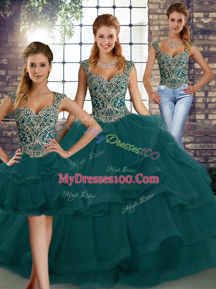 Super Three Pieces Vestidos de Quinceanera Peacock Green Straps Tulle Sleeveless Floor Length Lace Up