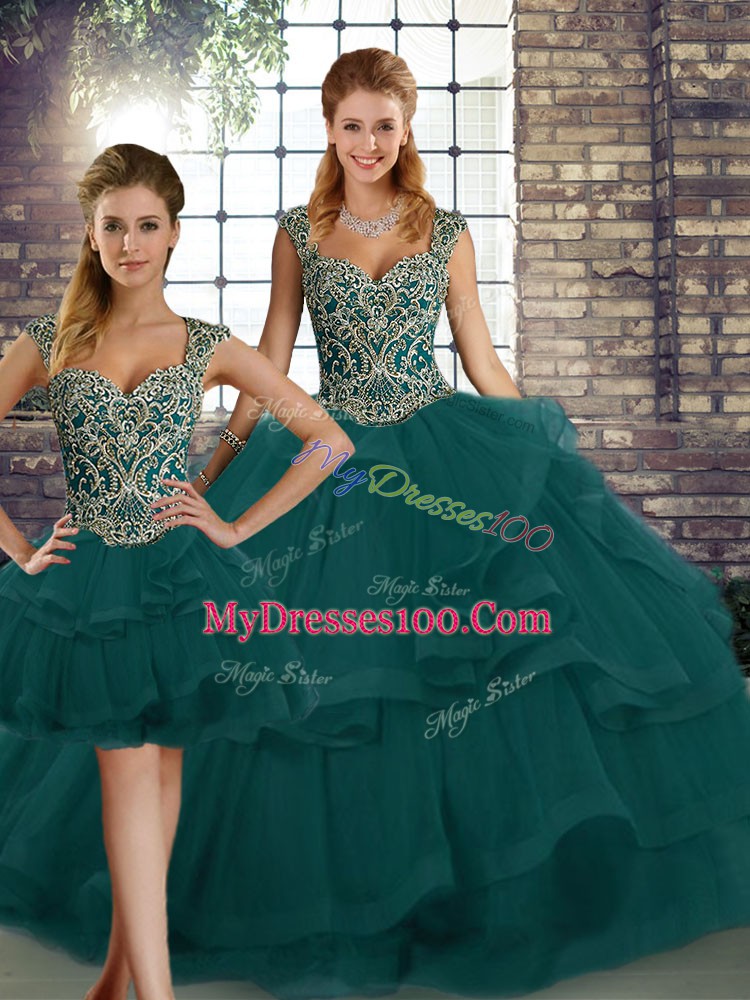 Super Three Pieces Vestidos de Quinceanera Peacock Green Straps Tulle Sleeveless Floor Length Lace Up