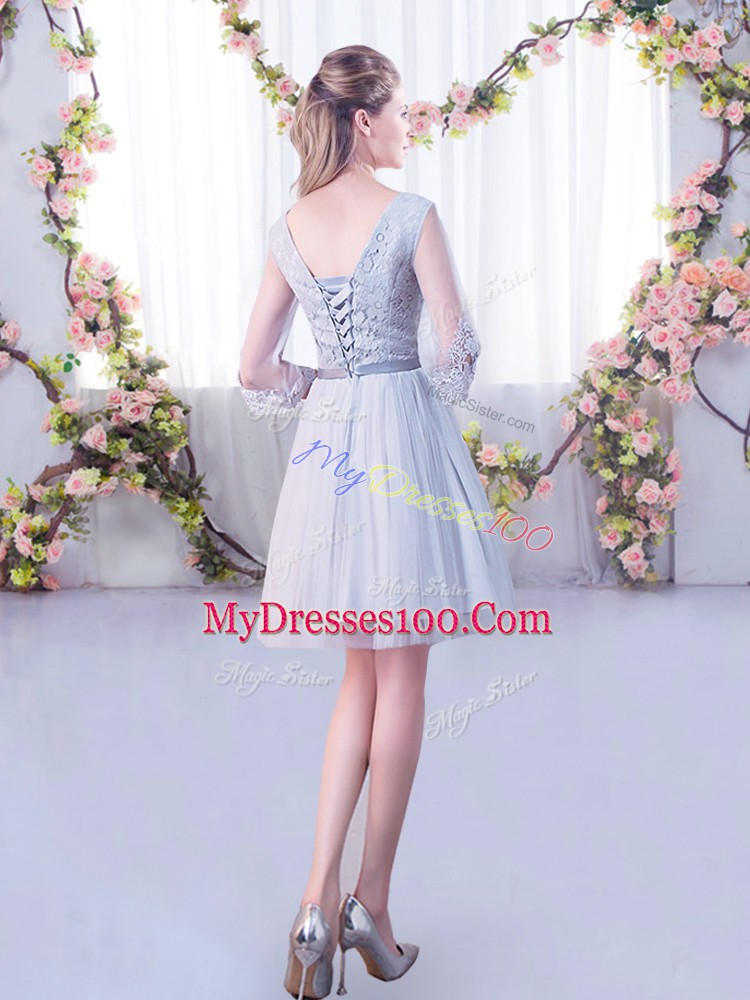 Chic Scoop Half Sleeves Dama Dress Mini Length Lace Grey Tulle