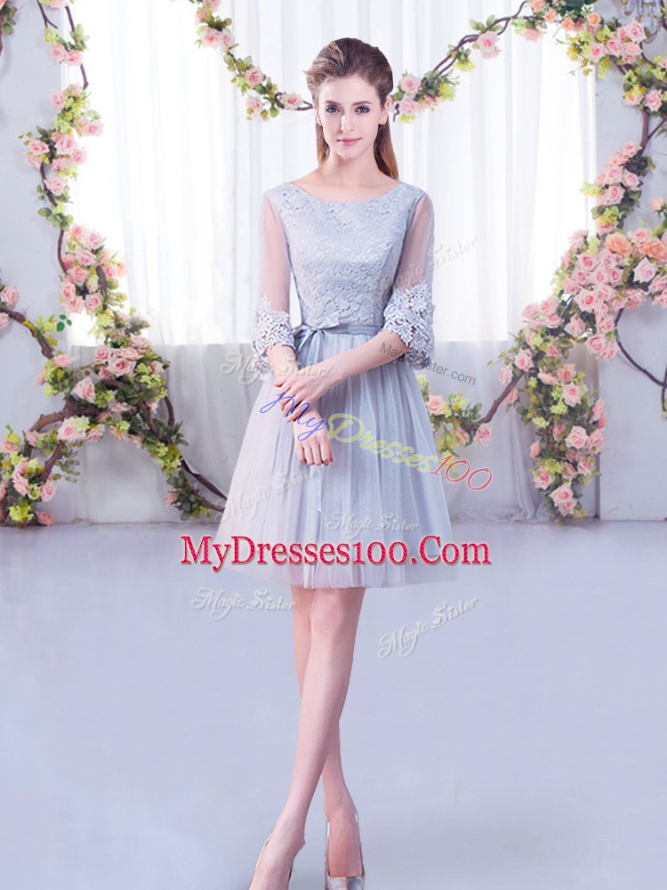 Chic Scoop Half Sleeves Dama Dress Mini Length Lace Grey Tulle