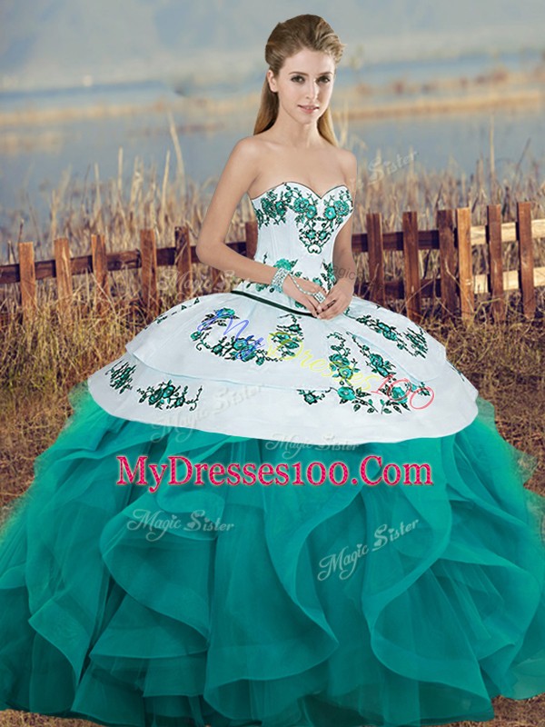 Sweetheart Sleeveless Tulle Sweet 16 Dress Embroidery and Ruffles and Bowknot Lace Up