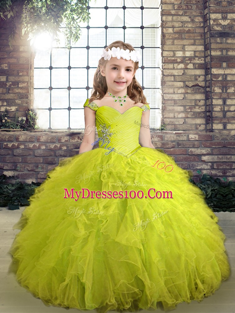 Beading and Ruffles Kids Formal Wear Yellow Green Lace Up Sleeveless Floor Length