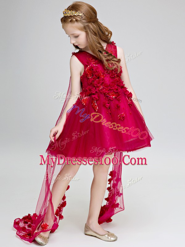 Vintage Wine Red Ball Gowns Hand Made Flower Flower Girl Dress Lace Up Tulle Sleeveless